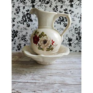 Vintage McCoy Pitcher #7541 And Basin Red White Rose Speckled Stoneware